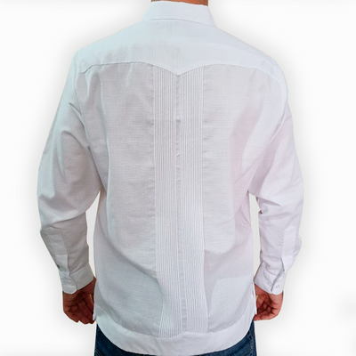 Chemise guayabera homme blanche en lin et coton avec broderie bleue