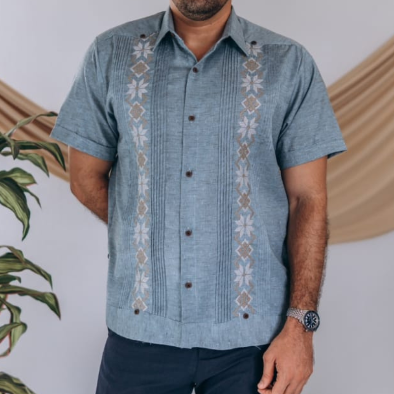Guayabera bleue broderie artisanale homme