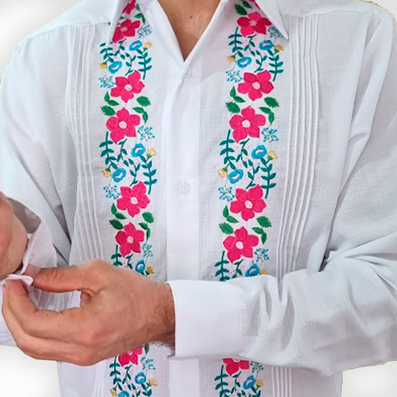 Guayabera blanche brodée de fleurs pour homme – artisanat mexicain authentique