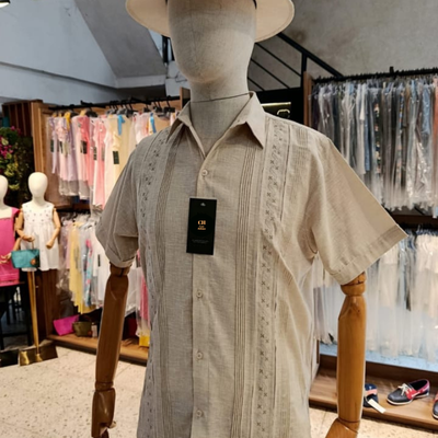 Guayabera Beige Brodée Manches Courtes