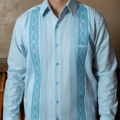 Guayabera Bleu Ciel Brodée Manches Longues Casa Habana