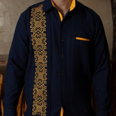 Guayabera Bleu Roi Brodée Jaune Casa Habana