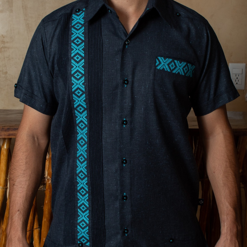 Guayabera Bleue Brodée Turquoise Manches Courtes Casa Habana