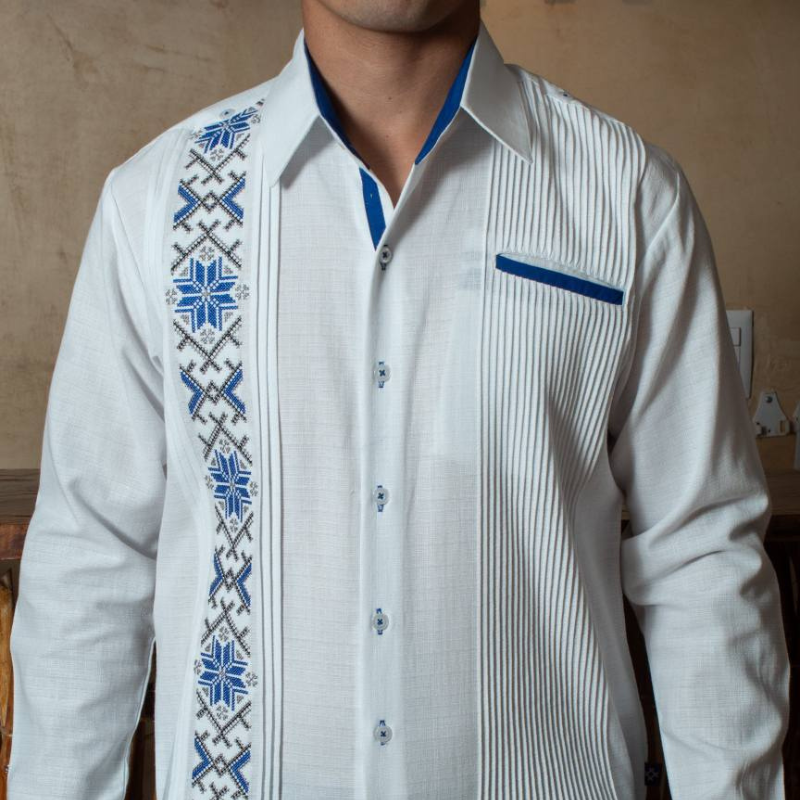 Guayabera Présidentielle Brodée Bleue Casa Habana en lin premium
