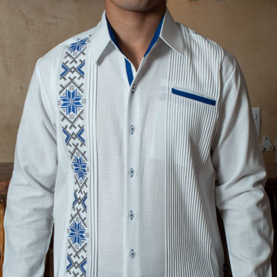 Guayabera Présidentielle Brodée Bleue Casa Habana en lin premium