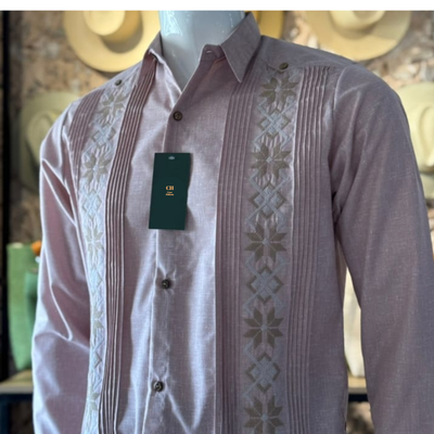 Guayabera Rose Pâle Brodée manches longues