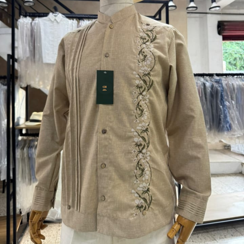Guayabera Beige Brodée Fleurs