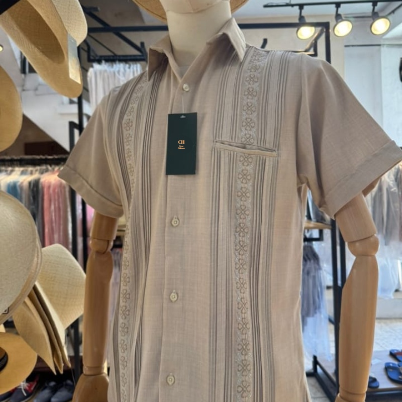 Guayabera Beige Brodée Manches Courtes