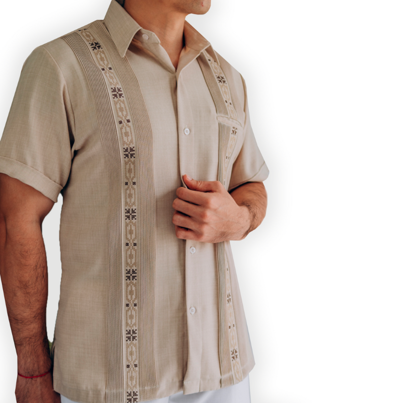 Guayabera beige brodée pour homme à manches courtes