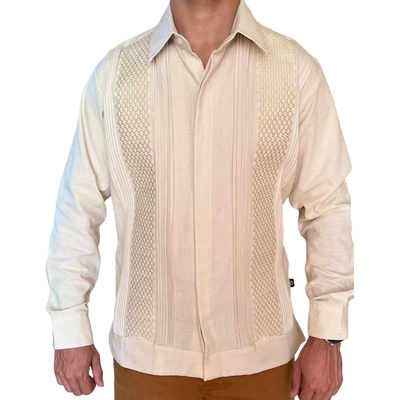 Guayabera beige homme manches longues pour mariage