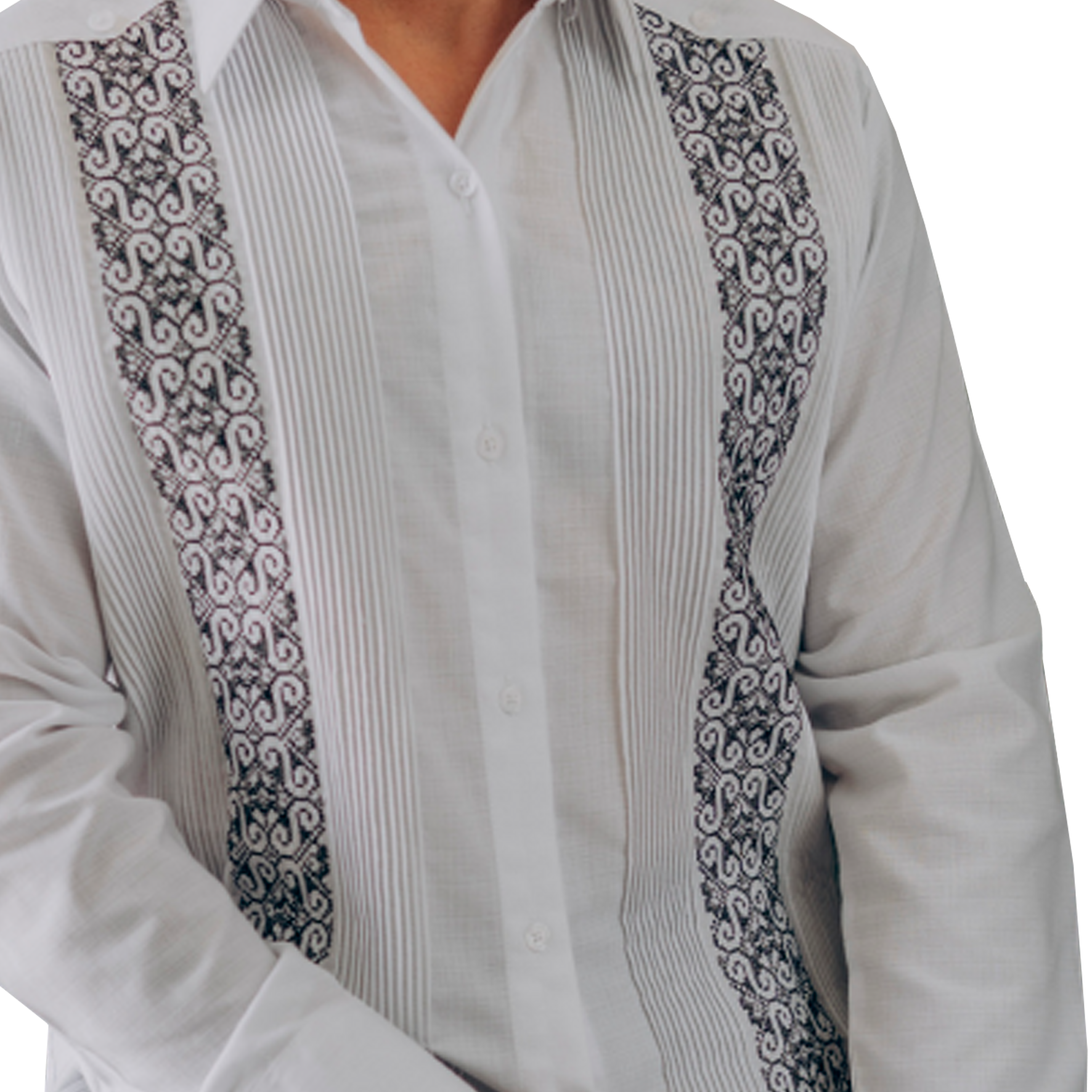 Guayabera blanche brodée en lin pour homme avec franges et motifs bleus