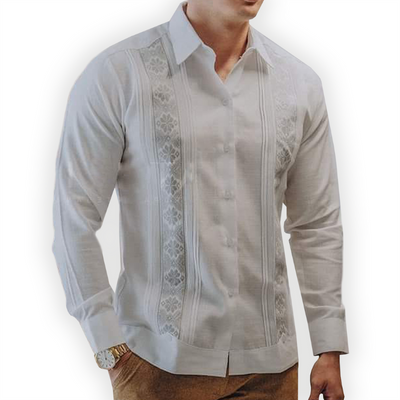 Guayabera blanche brodée grise pour homme