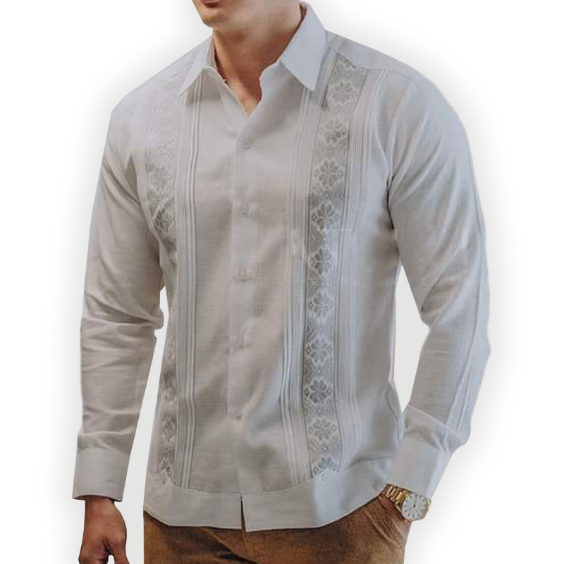 Guayabera blanche brodée grise pour homme – artisanat mexicain Casa Habana