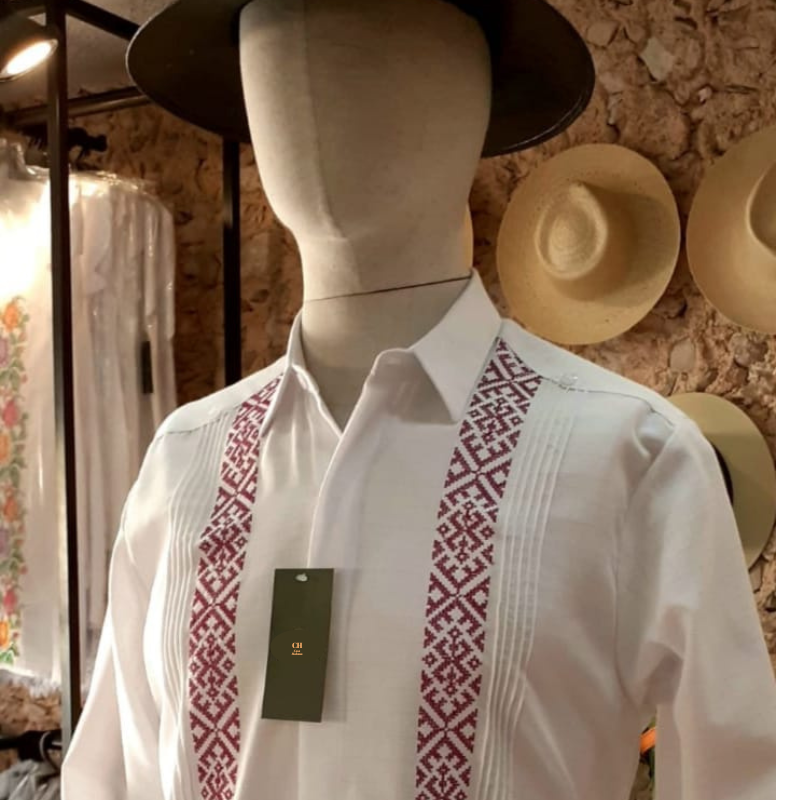 Guayabera Blanche Brodée Rouge