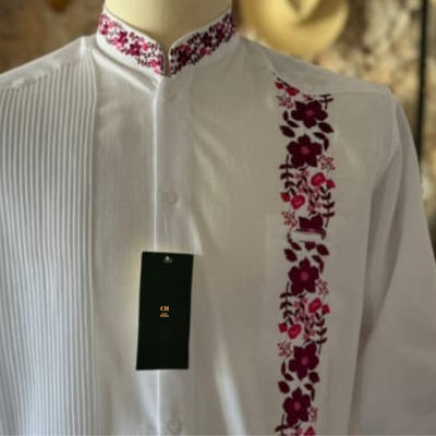 Guayabera blanche col Mao brodée homme