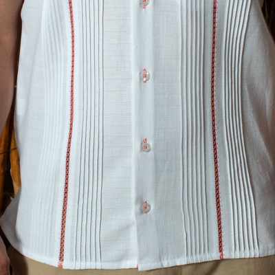 Guayabera blanche col Mao liserés roses pour mariage