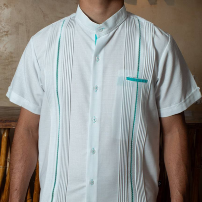 Guayabera blanche col Mao liserés turquoise homme