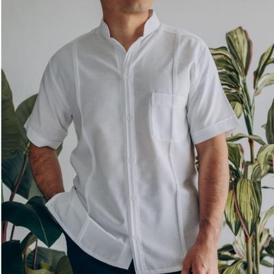 Guayabera blanche col Mao manches courtes homme