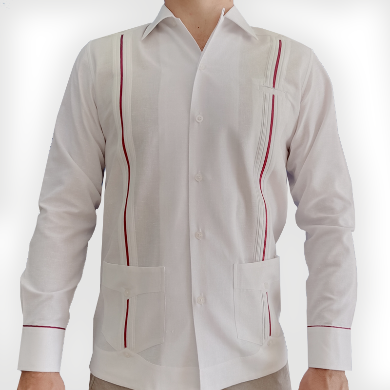 Guayabera blanche homme manches longues avec liseré bordeaux – Casa Habana