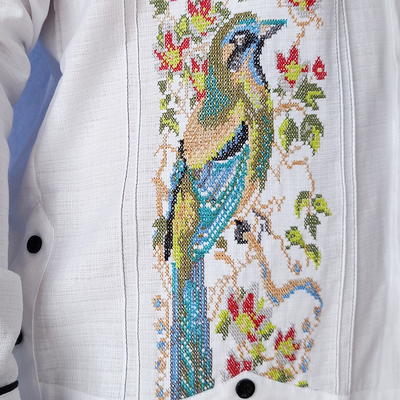 Guayabera blanche pour homme avec motif tropical oiseau