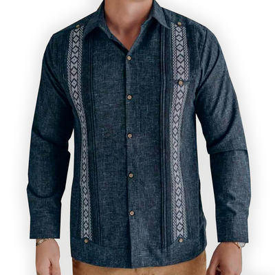 Guayabera bleu jean brodée à manches longues – Casa Habana