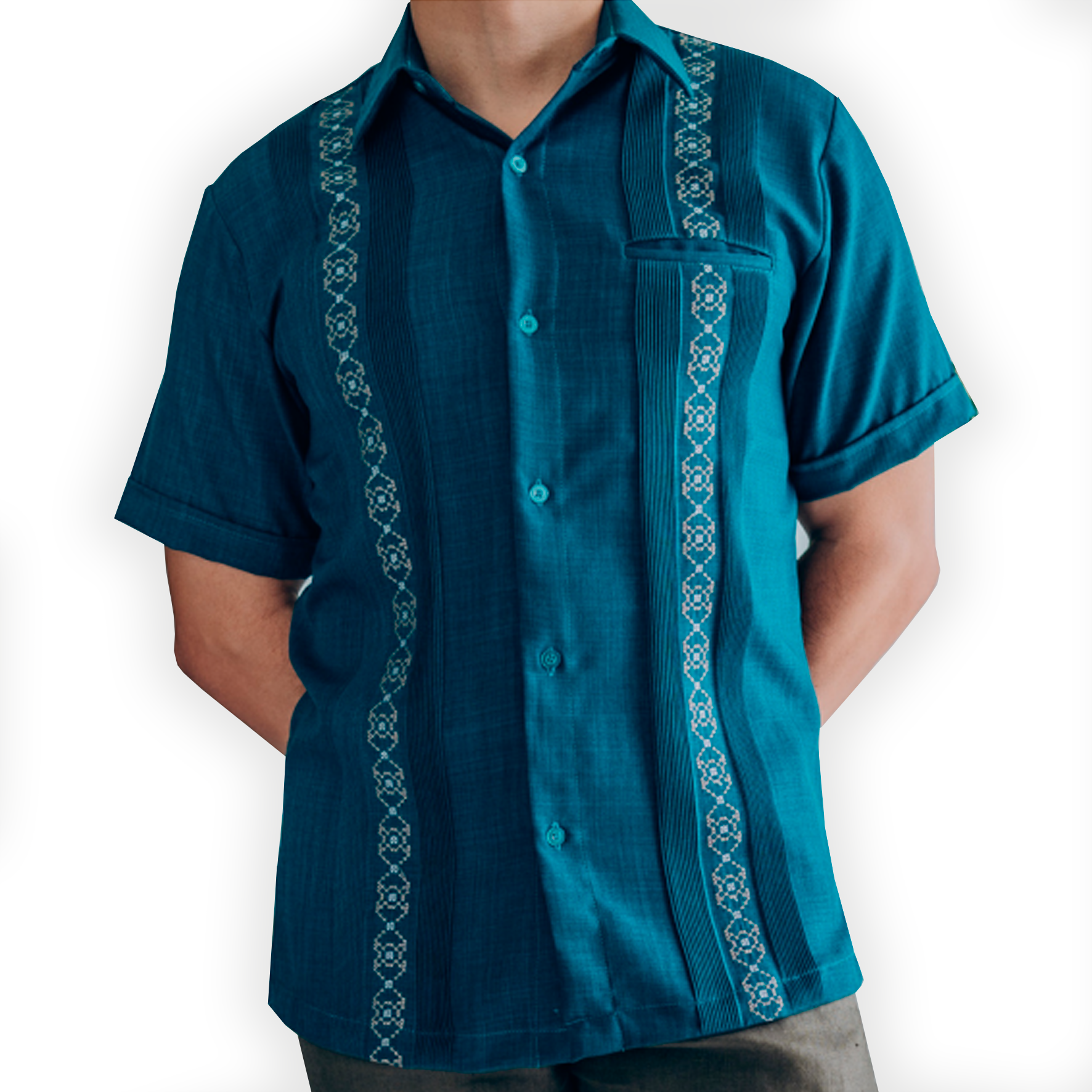 Guayabera bleu paon à manches courtes brodée main – Casa Habana