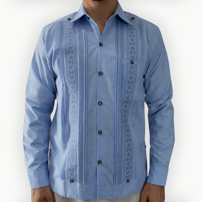 Guayabera bleue brodée homme à manches longues – Casa Habana