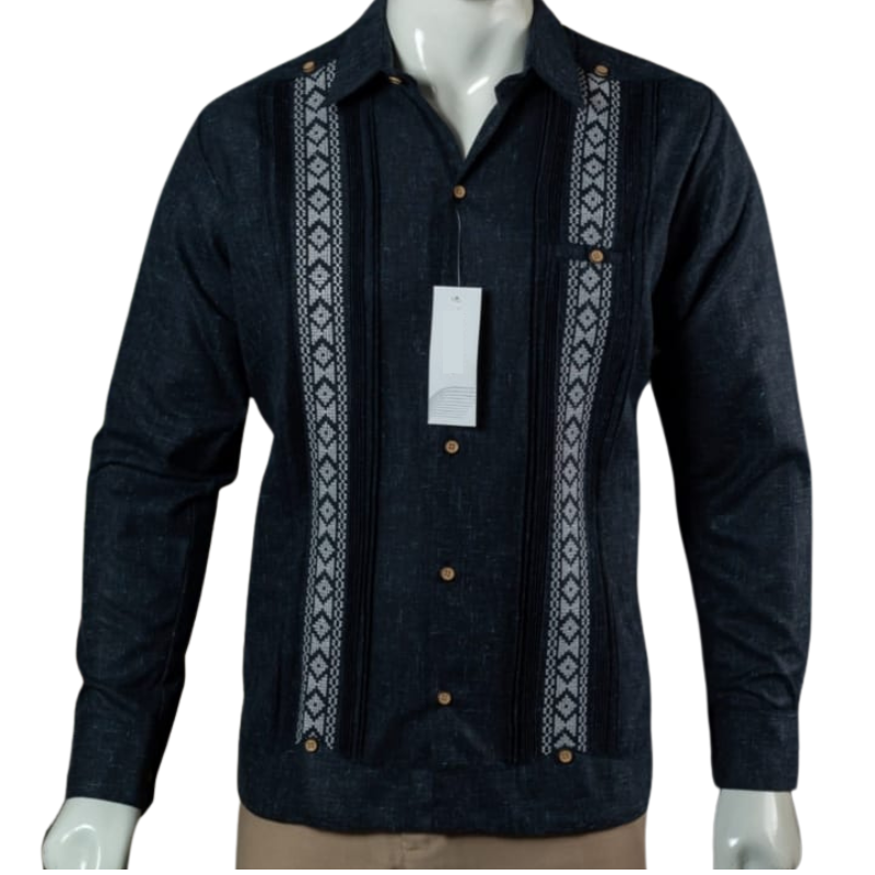 Guayabera bleue marine brodée blanche manche longue