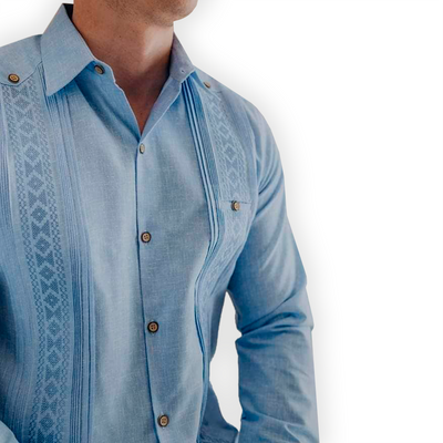 Guayabera bleue traditionnelle mexicaine manches longues
