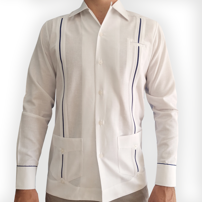 Guayabera de mariage pour homme en coton blanc avec détail bleu marine