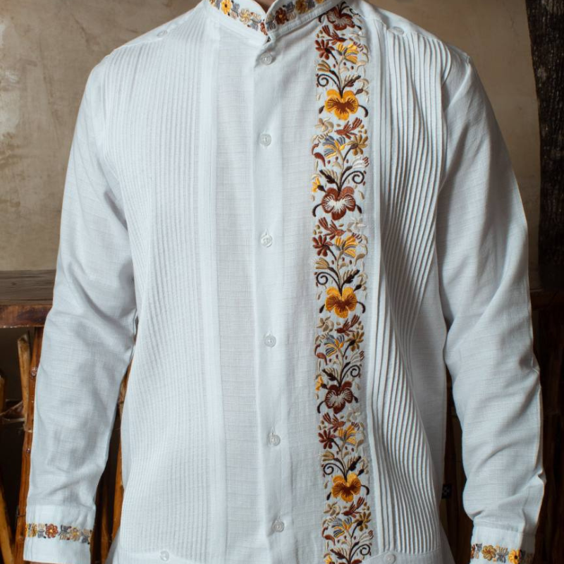 Guayabera mexicaine brodée marron homme