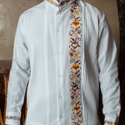 Guayabera mexicaine brodée marron homme