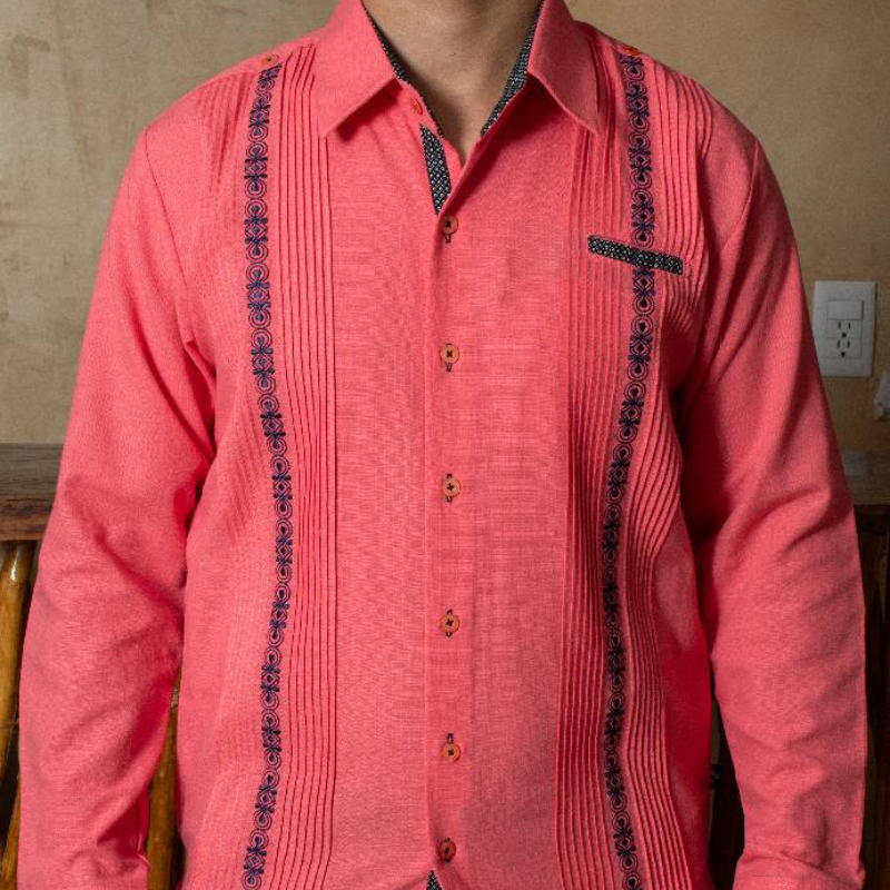 Guayabera rose corail Casa Habana – chemise artisanale en lin pour homme