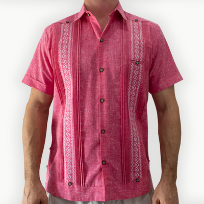 Guayabera rose pour homme brodée à la main en lin et coton