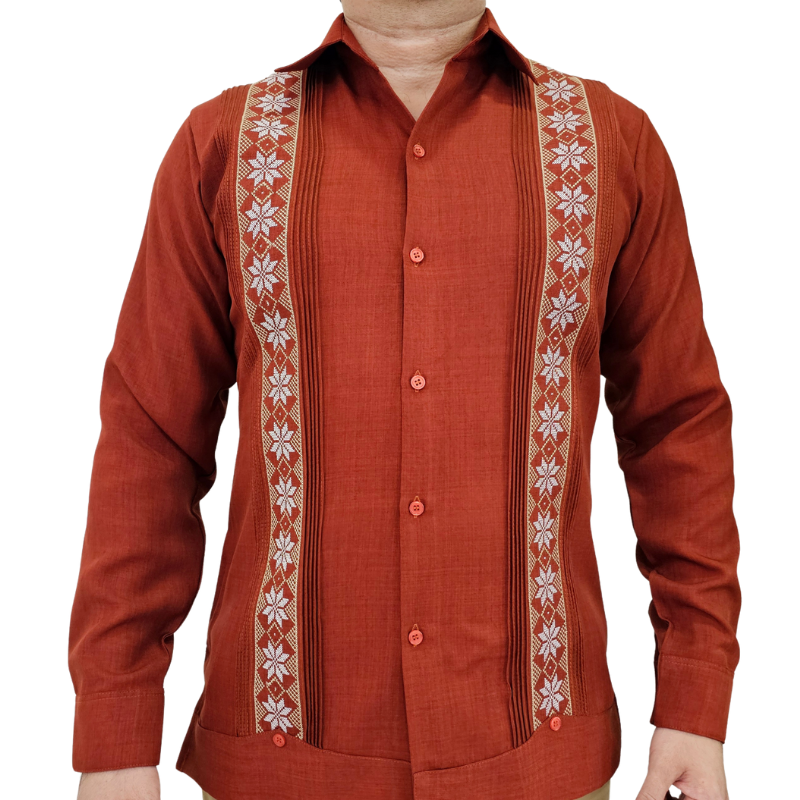 Guayabera rouge brique manches longues