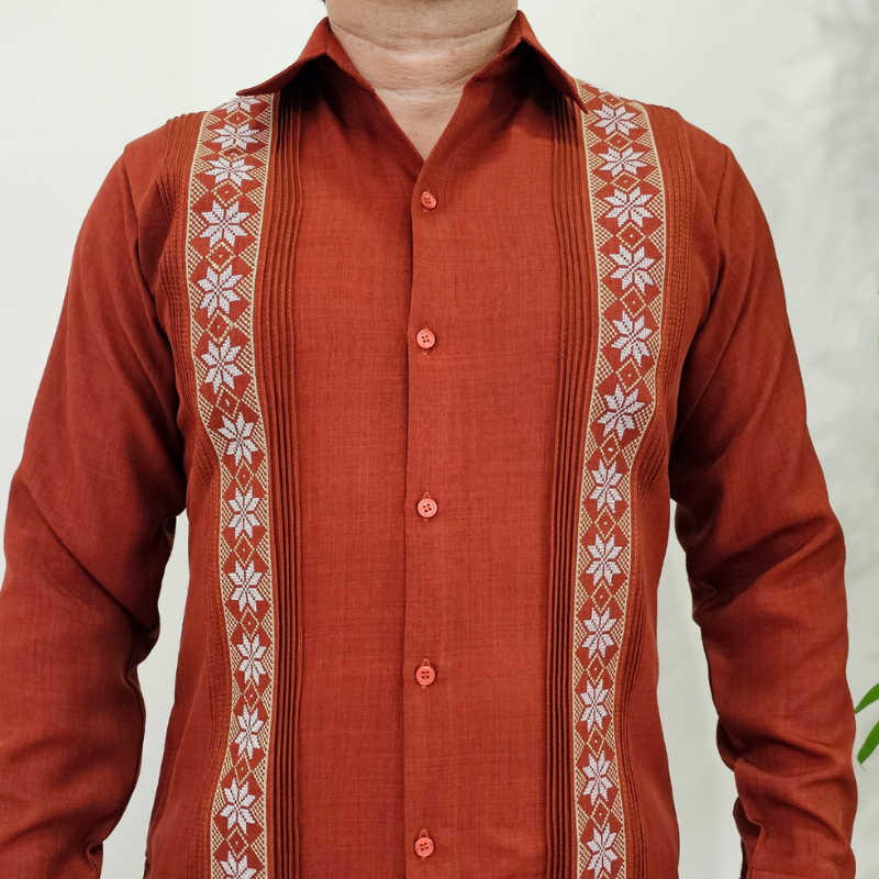 Guayabera rouge brique manches longues