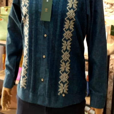 Petrol Blue Embroidered Guayabera shirt for men