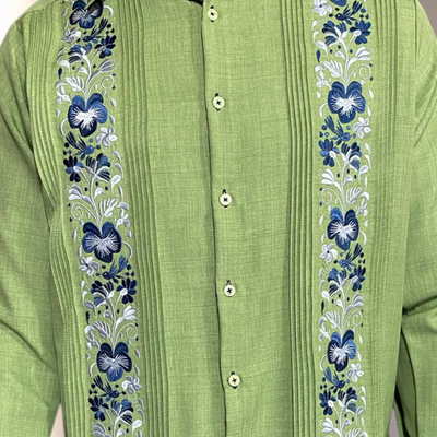 détail tissu guayabera vert clair lin coton