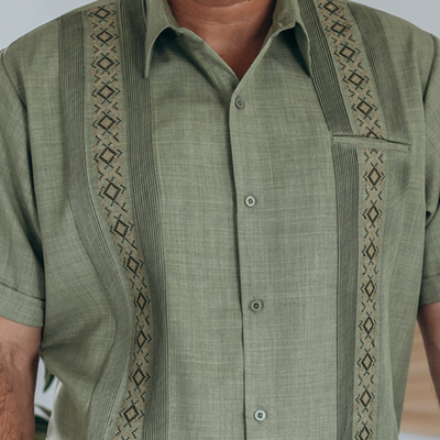 détail tissu guayabera vert pistache lin coton