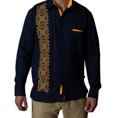 front view of royal blue guayabera shirt handmade in Yucatán