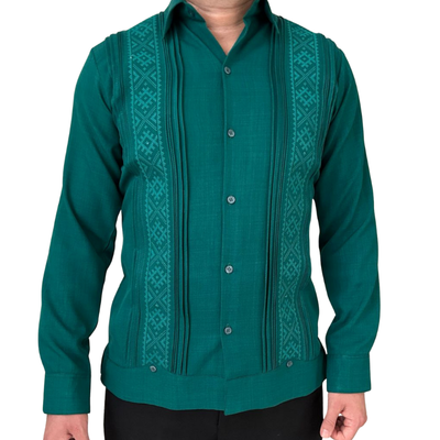 front view of tropical green guayabera handcrafted shirt