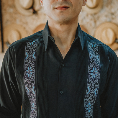 guayabera noire brodée manches longues homme