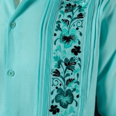 guayabera vert turquoise détail tissu lin coton